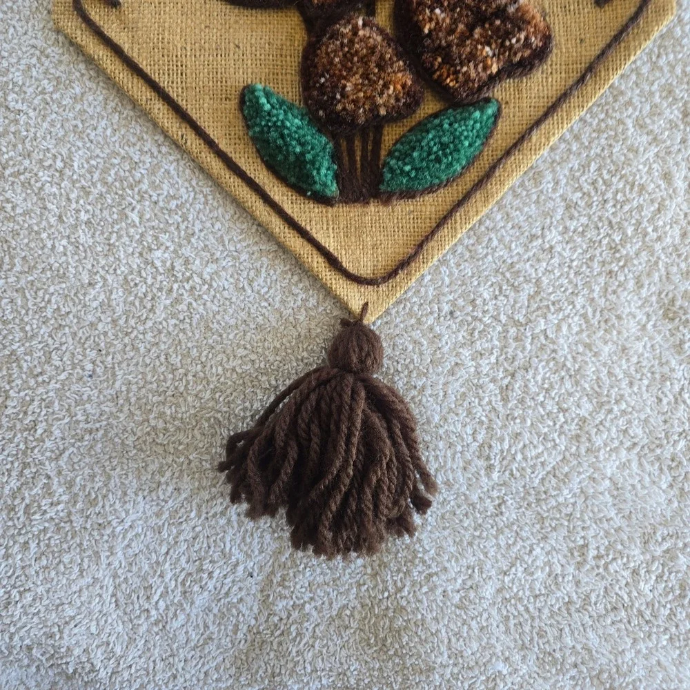 Vtg 1970's BOHO Burlap Flower Butterfly Latch Hook Completed Rug Wall‎ Hanging